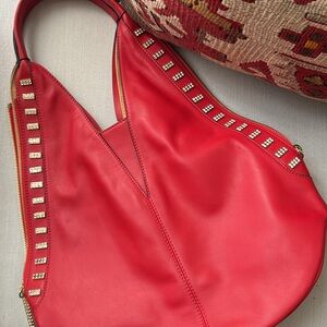 NEW Red Studded Leather Hobo Bag
